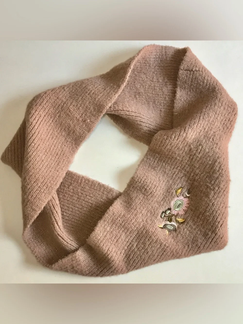 ZARA infinity knit scarf Tan with embroidery design One Size - Picture 1 of 11